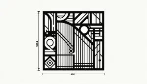 A flat style, black and white image of an iron gate measuring 400 centimeters wide and 200 centimeters high. The gate features perfect geometric lines