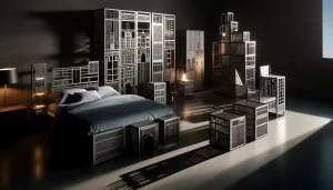 A medium sized bedroom with furniture and accessories featuring perfect geometries in a deconstructivist style. The pieces resemble small miniature bu